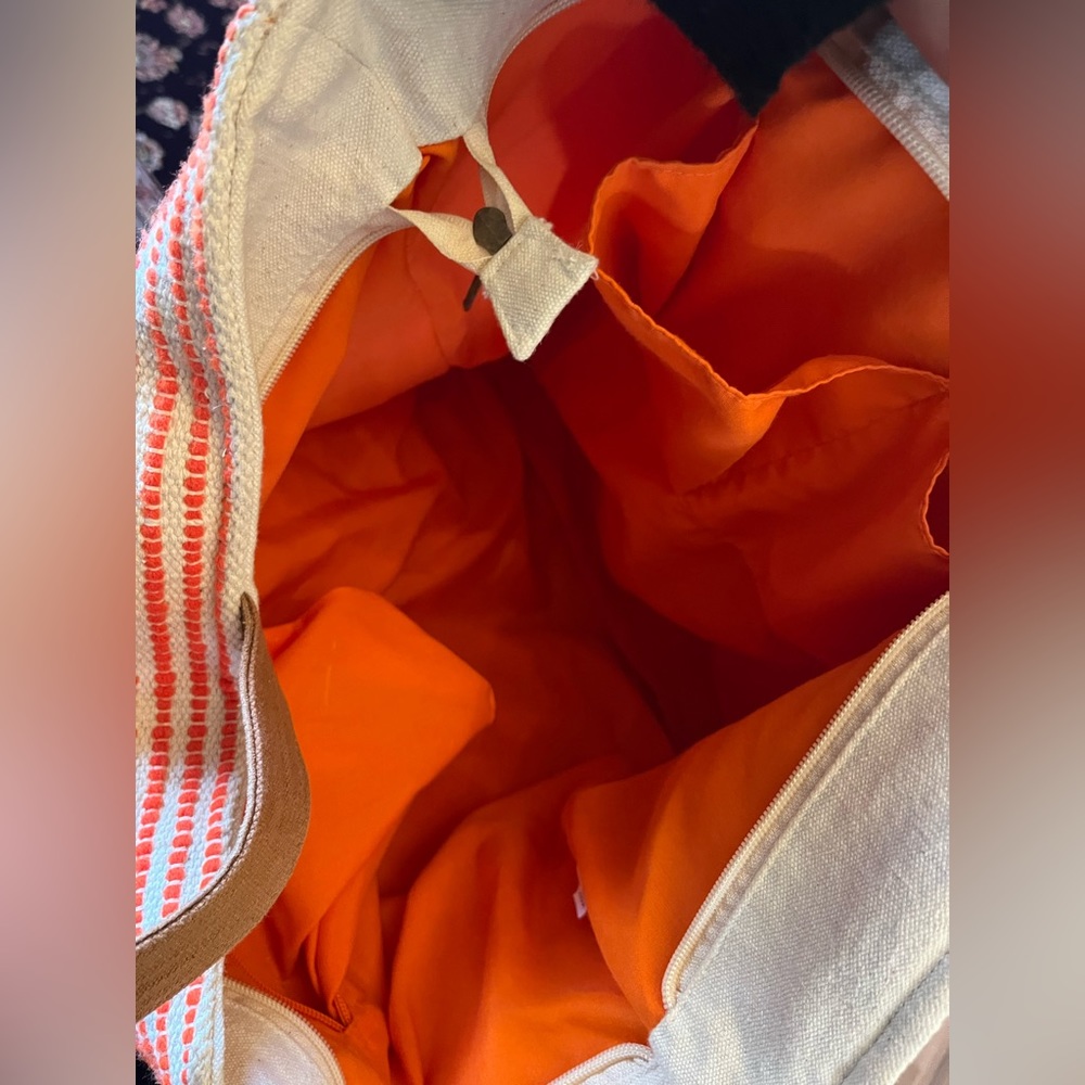 Orange Bali-Themed Printed Pom-Pom Beach Bag - Picture 7 of 8